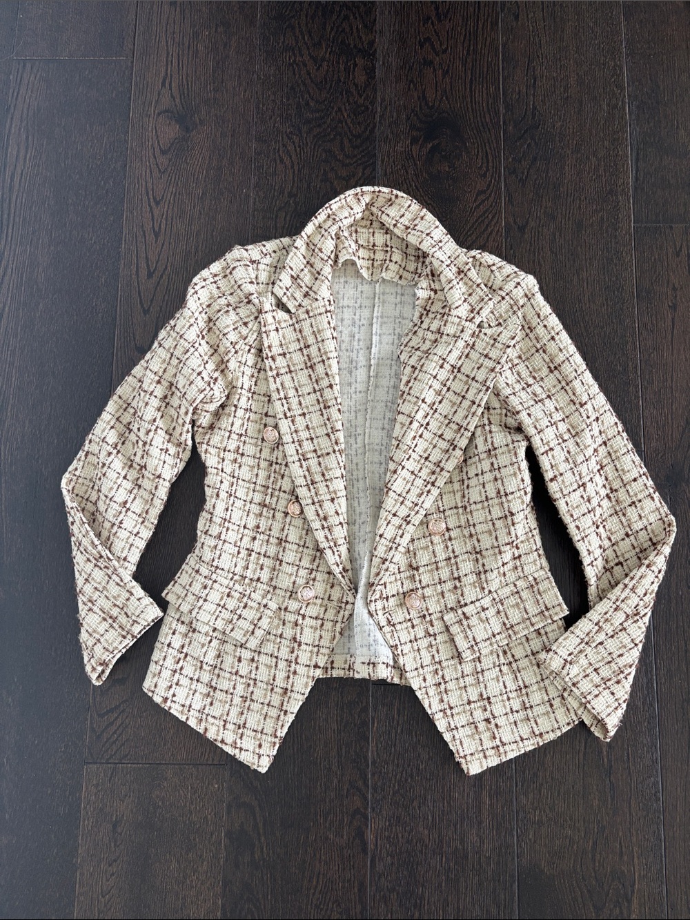 Womens Cream Tweed Double-Breasted Blazer Jacket